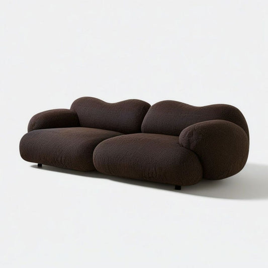 Sofa trzyosobowa do salonu 250 x 105 x 75 cm ciemnobrązowa, zaokrąglona, z tapicerką bouclé